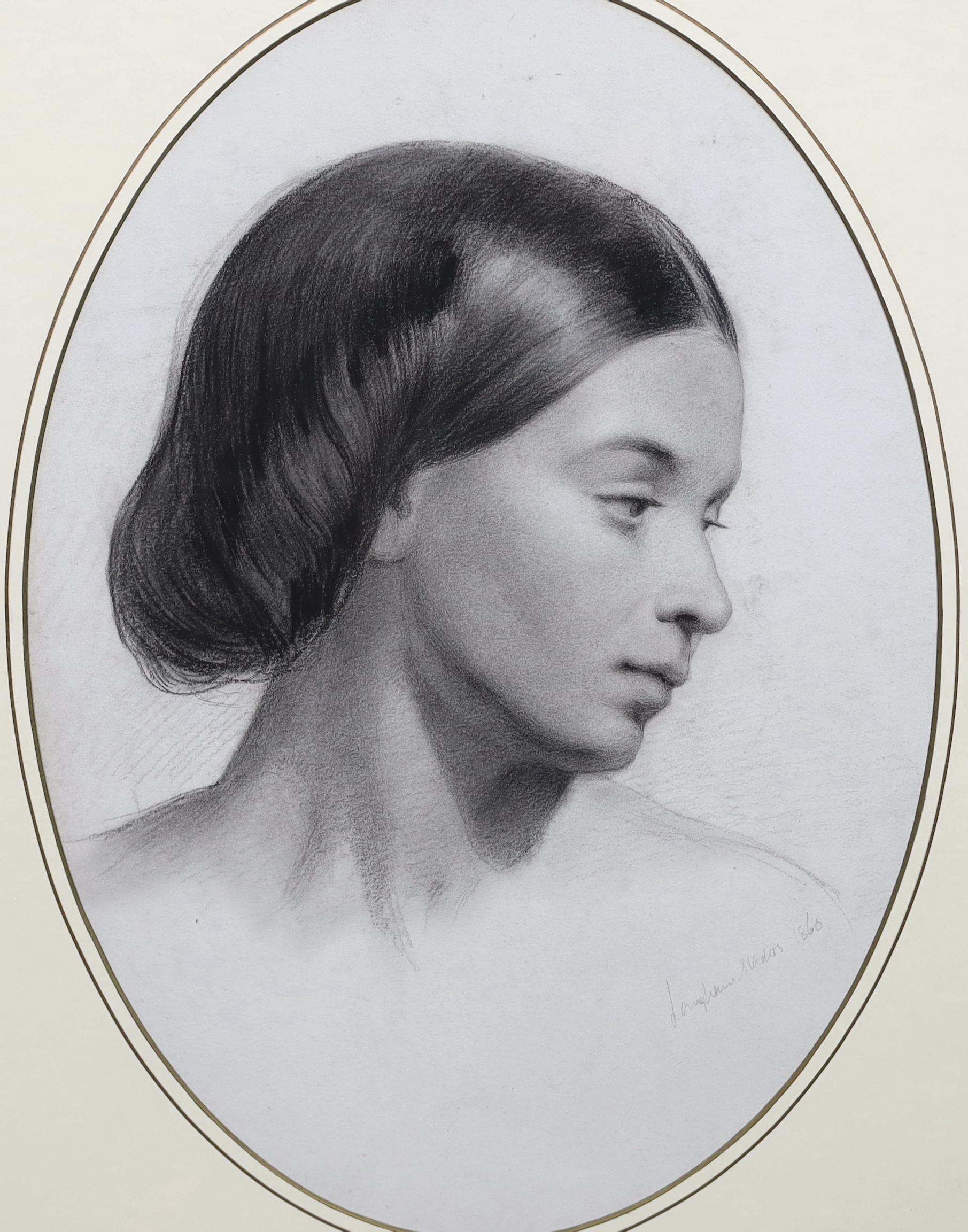 Langham Studio's 1860, pencil on paper, Portrait of a girl, inscribed ’’Langham Studios’’ and dated 1860, Maas Gallery label verso, 44.5 x 32cm., Please note this lot attracts an additional import tax of 5% on the hammer